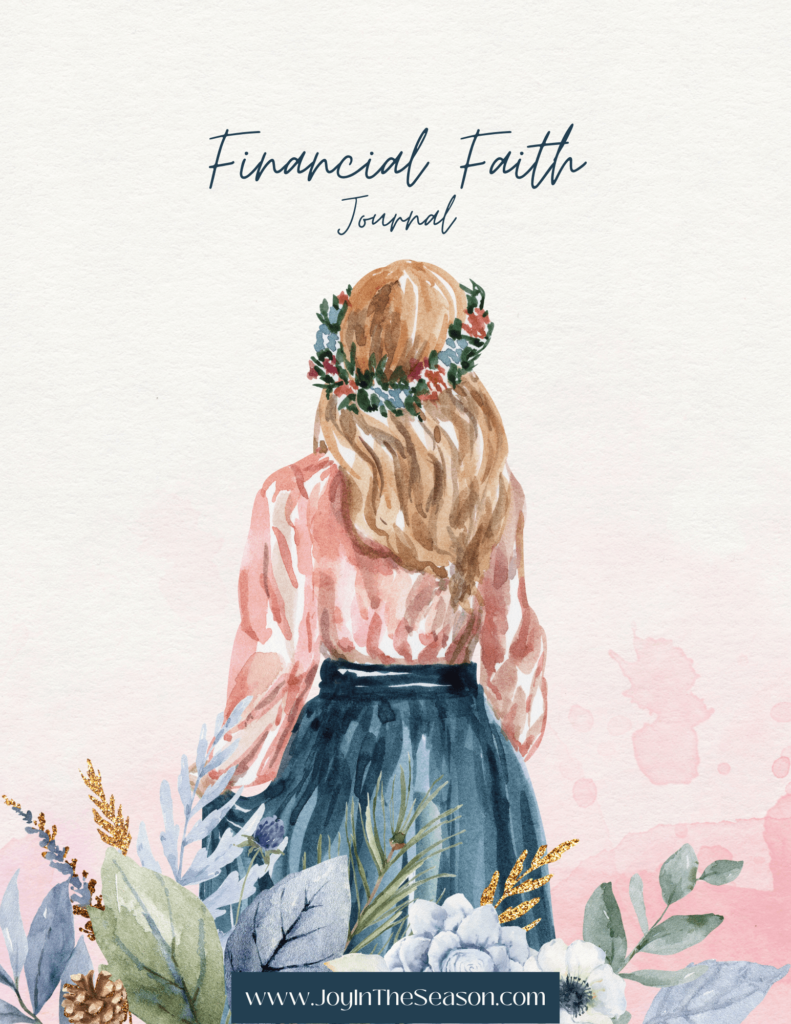 Financial Freedom Through Faith Journal Cover with Watercolor Woman and Flowers in shades of blue and pink