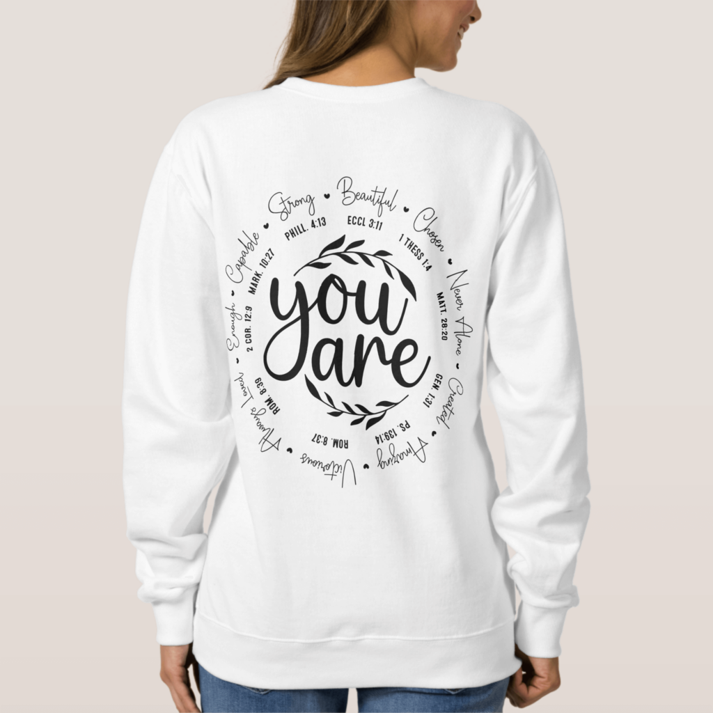 Woman Wearing Christian Scripture Design Inspirational Sweatshirt